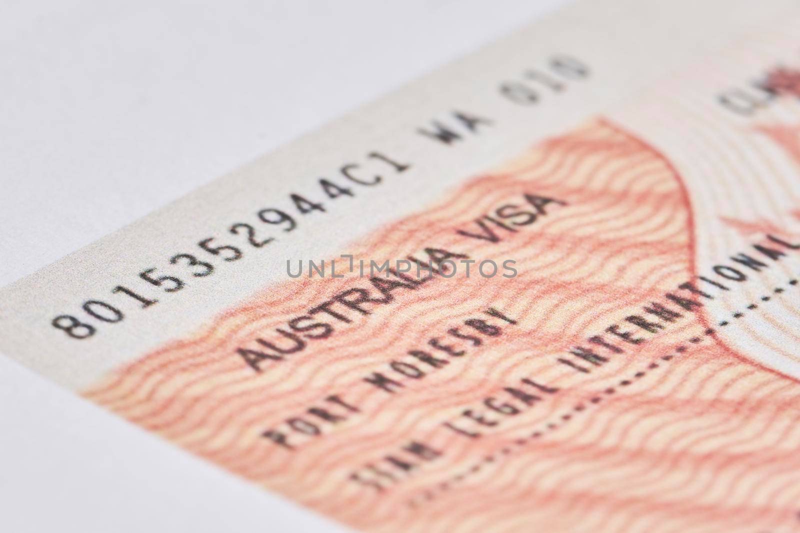 Tashkent, Uzbekistan - 13 August, 2021: Macro shot of Australian visa. Close-up australian resident immigration visa in passport