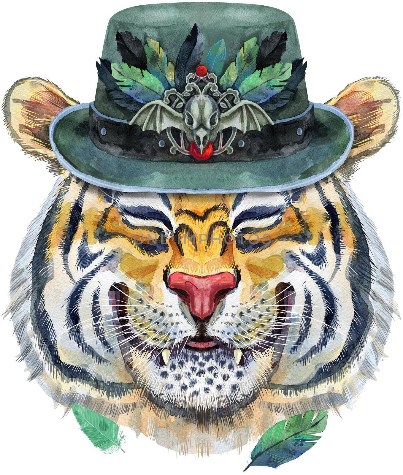 Watercolor illustration of orange smiling tiger in halloween hat with with raven skull and feathers. Wild animal watercolor illustration on white background