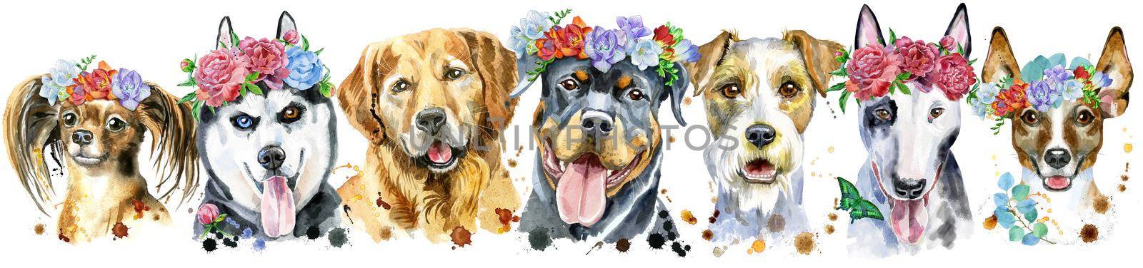 Cute border from watercolor portraits of dogs. For t-shirt graphics. Watercolor dogs illustration