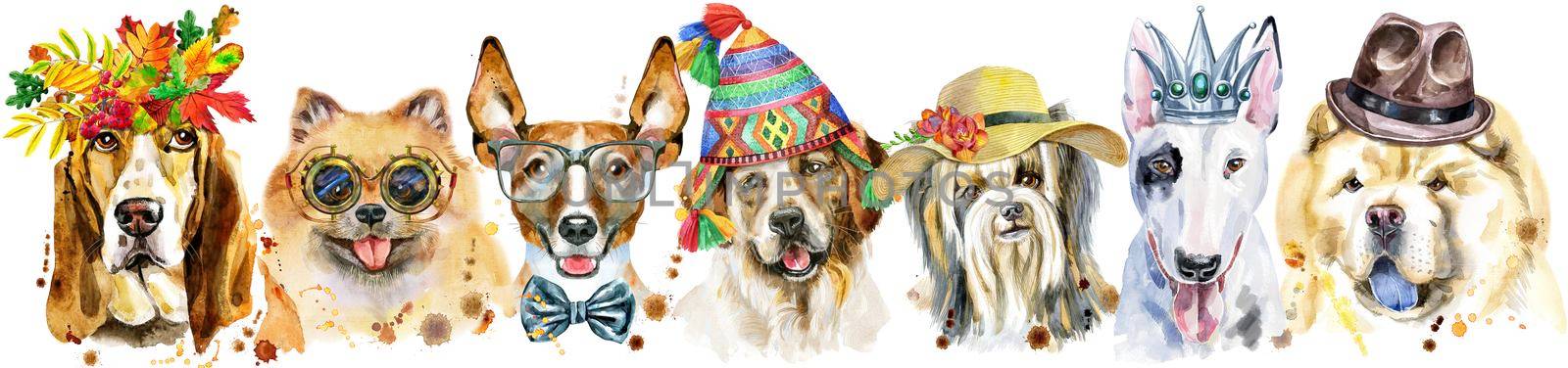 Cute border from watercolor portraits of dogs. For t-shirt graphics. Watercolor dogs illustration