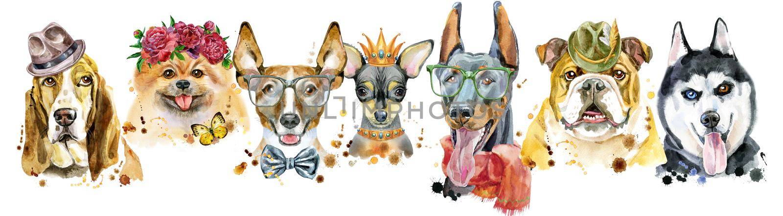 Border from watercolor portraits of dogs for decoration by NataOmsk