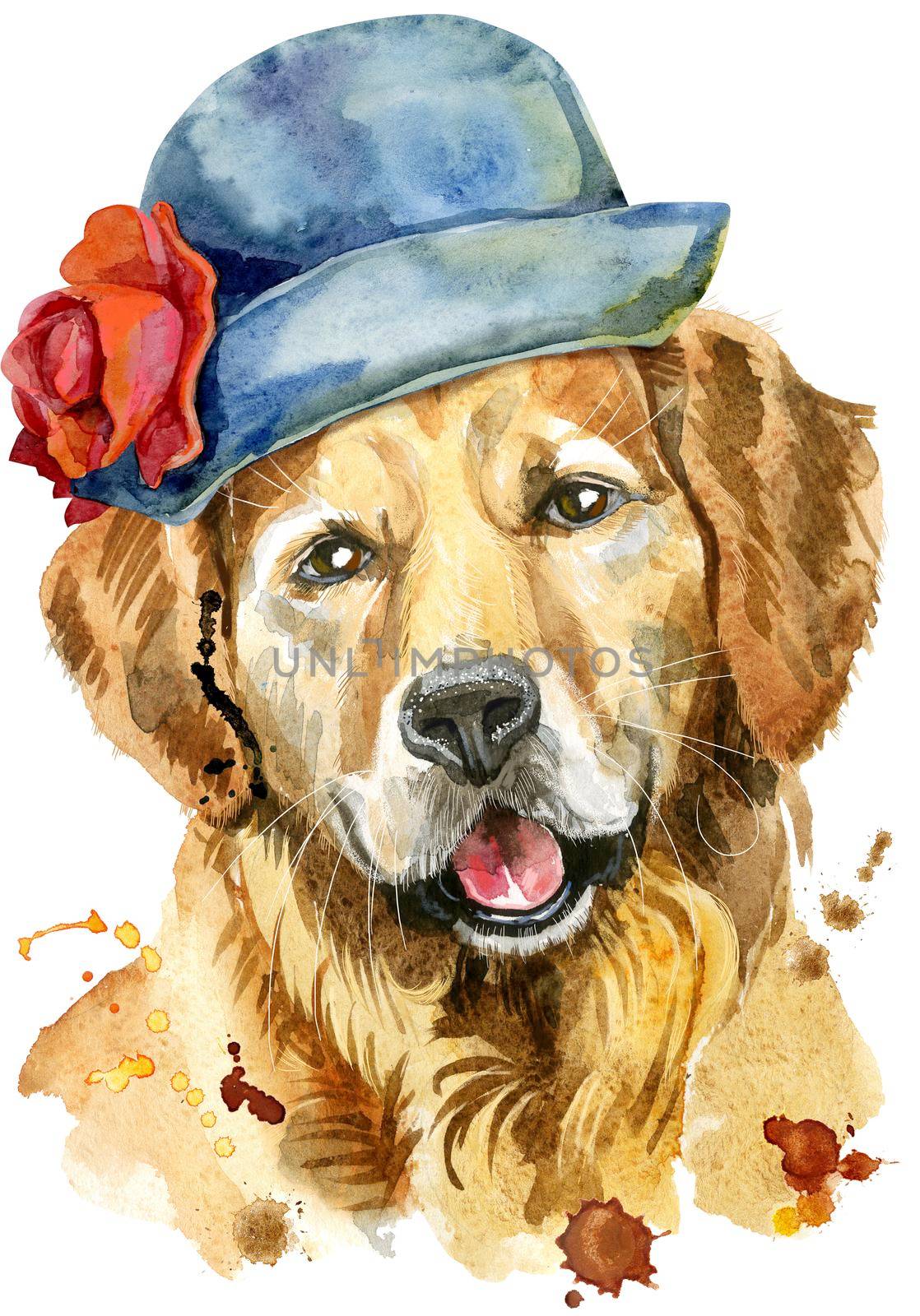 Watercolor portrait of golden retriever in a gray hat with a red flower by NataOmsk