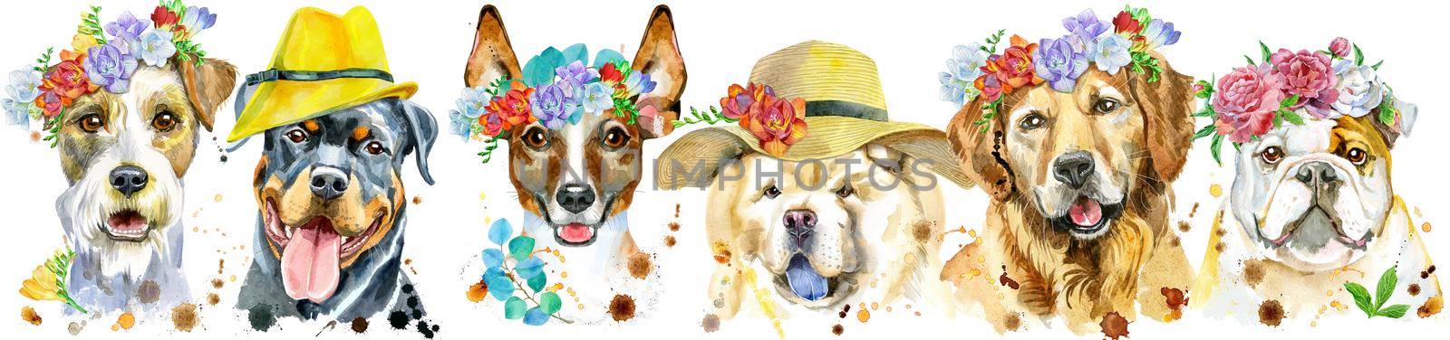 Border from watercolor portraits of dogs for decoration by NataOmsk