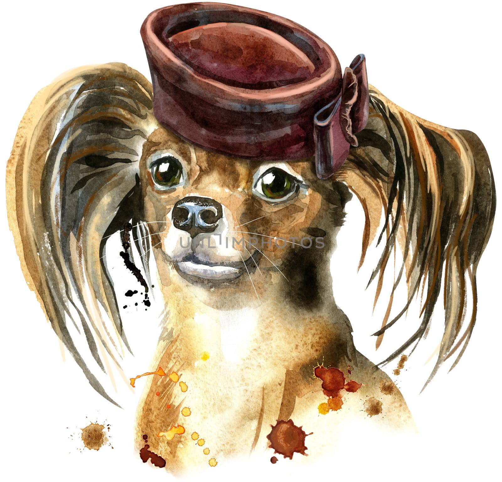 Watercolor portrait of long-haired toy terrier with brown cap with bow on the side by NataOmsk