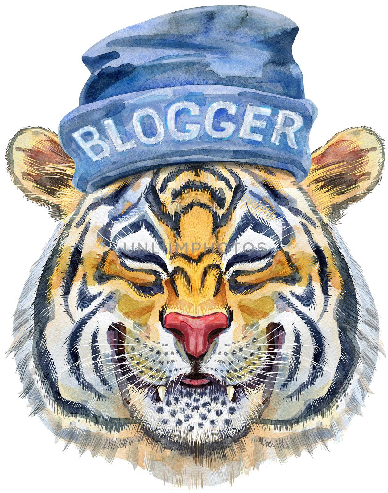 Watercolor illustration of orange smiling tiger in beanie hat