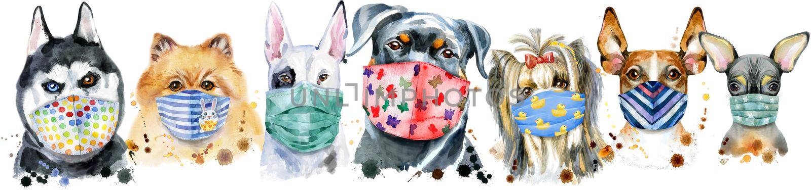 Cute border from watercolor portraits of dogs. For t-shirt graphics. Watercolor dogs illustration