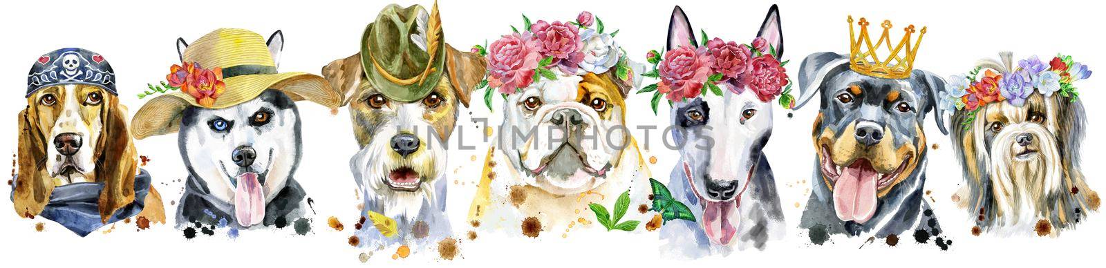 Cute border from watercolor portraits of dogs. For t-shirt graphics. Watercolor dogs illustration