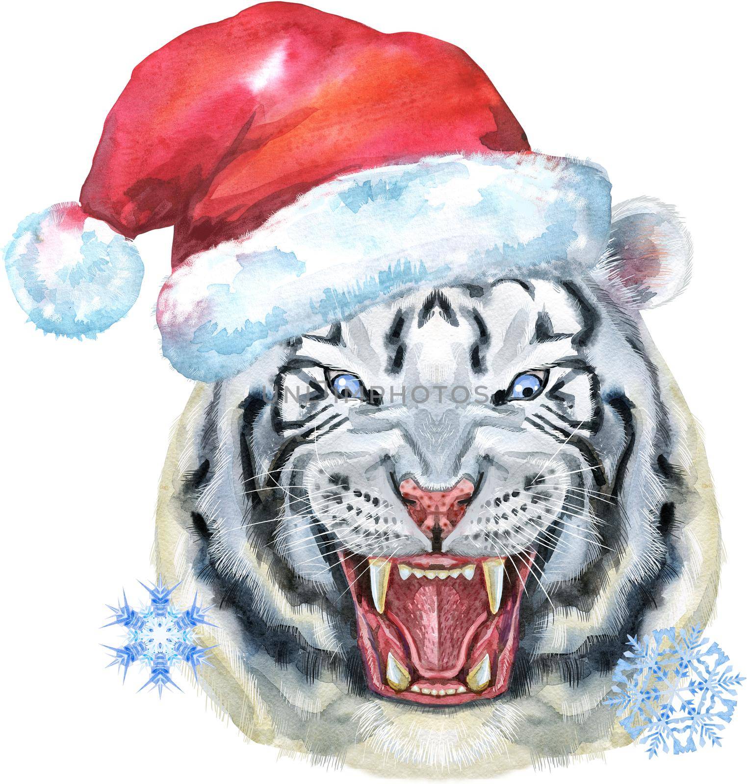 White aggressive tiger with open mouth and huge fangs in Santa hat