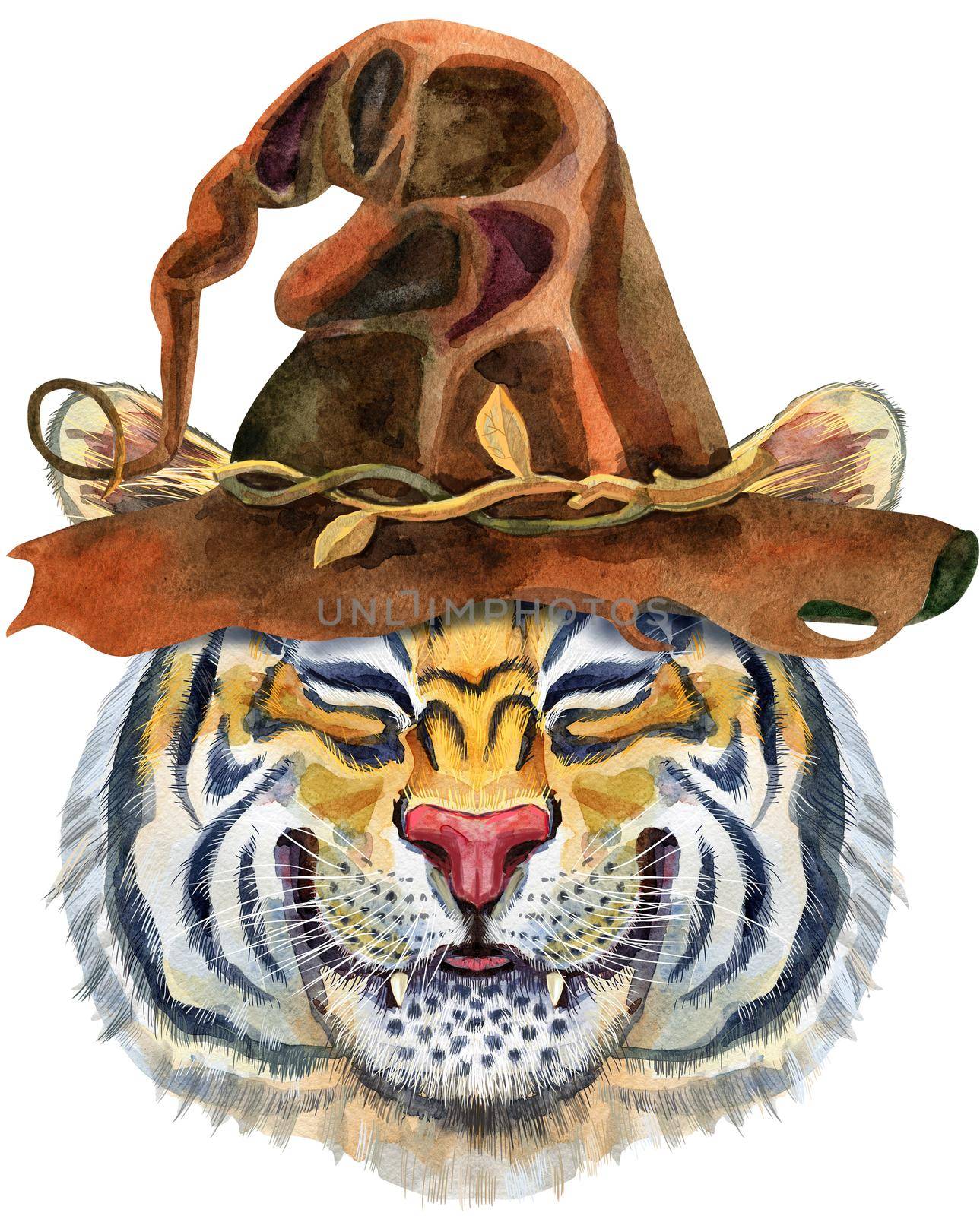Watercolor illustration of orange smiling tiger in brown witch hat