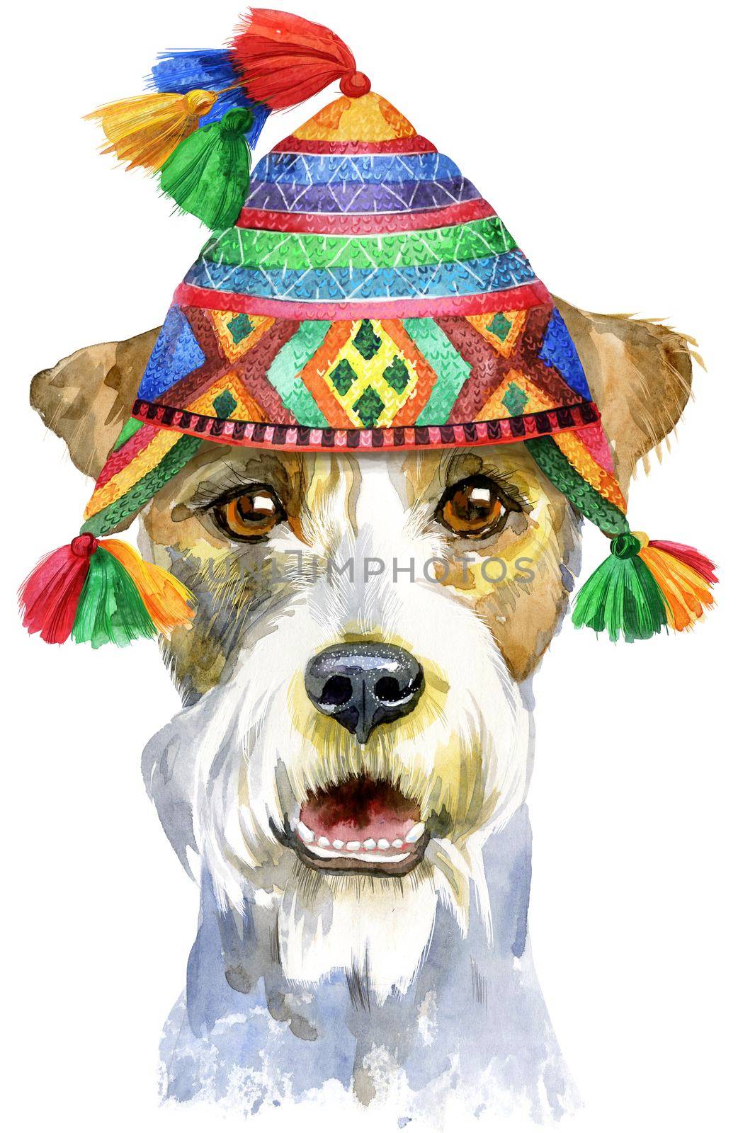 Cute Dog in chullo hat.. Dog t-shirt graphics. watercolor airedale terrier illustration