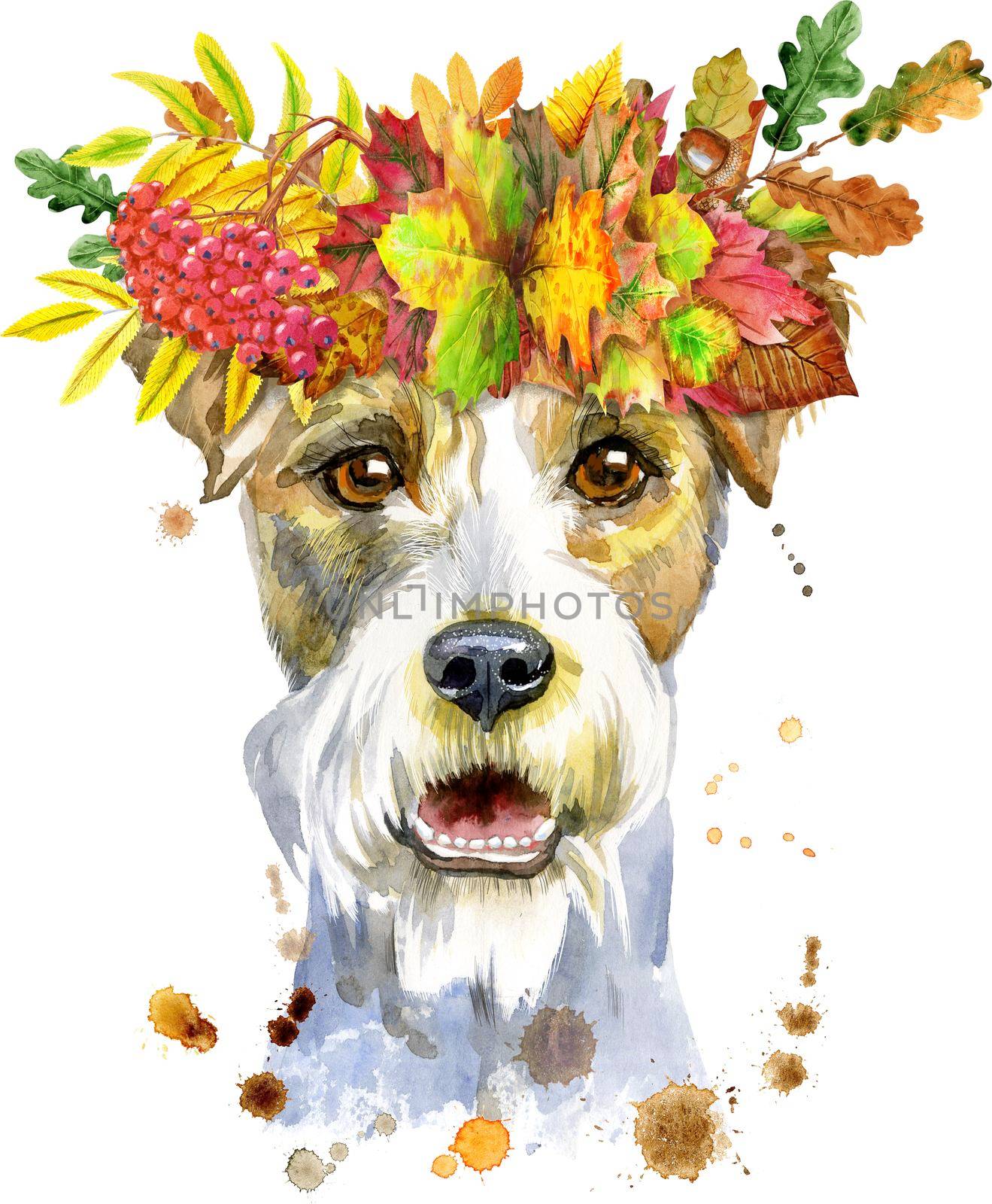 Cute Dog in a wreath of autumn leaves. Dog T-shirt graphics. watercolor airedale terrier illustration