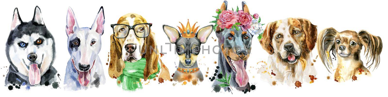 Cute border from watercolor portraits of dogs. For t-shirt graphics. Watercolor dogs illustration