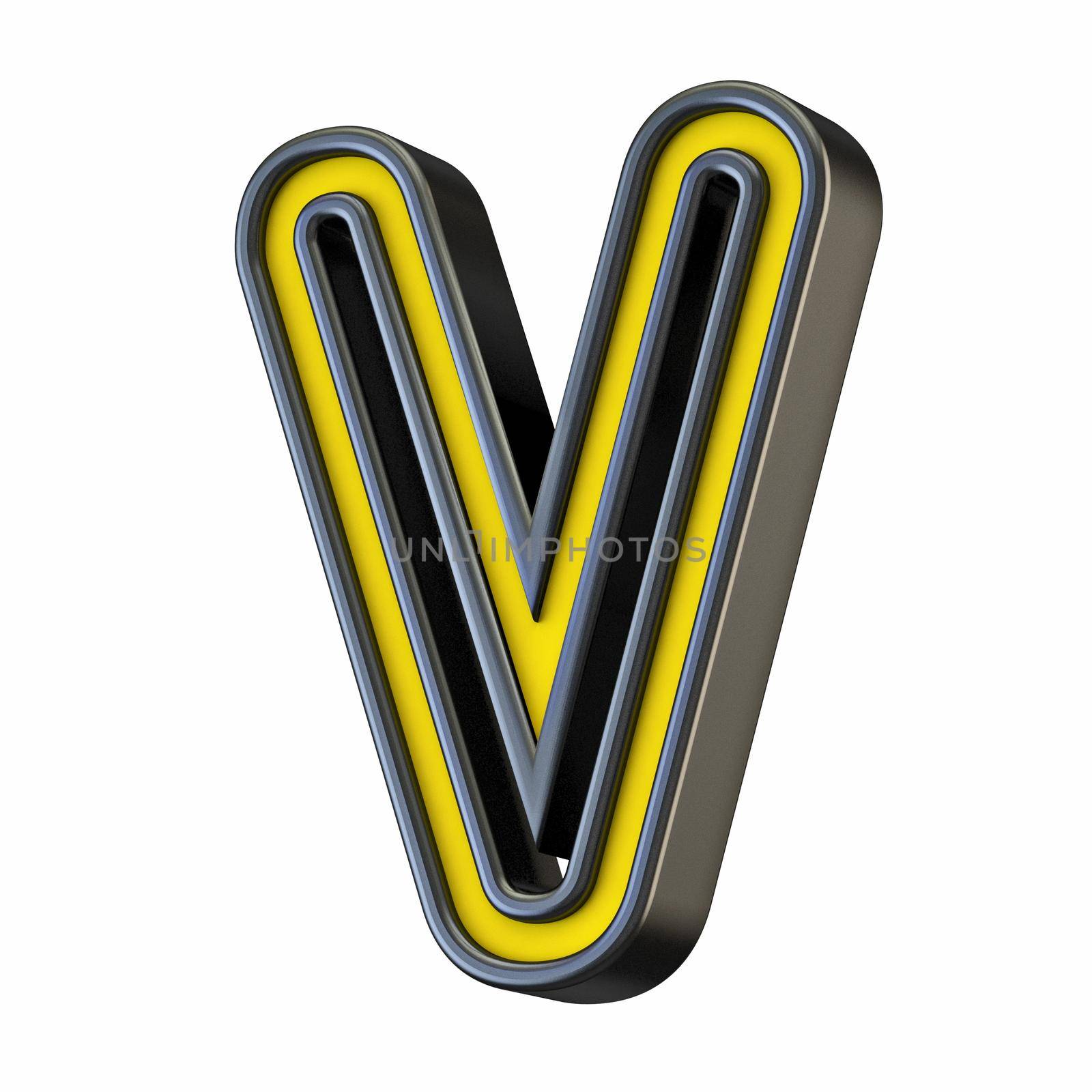 Yellow black outlined font Letter V 3D rendering illustration isolated on white background