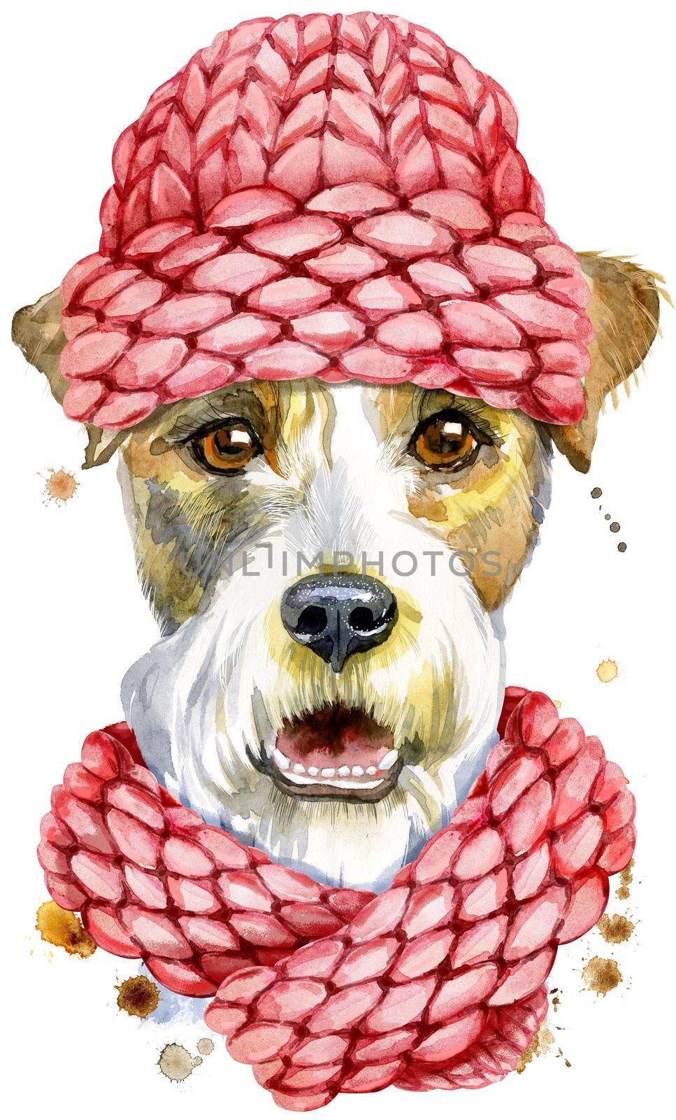 Watercolor portrait of airedale terrier dog with pink knitted hat by NataOmsk