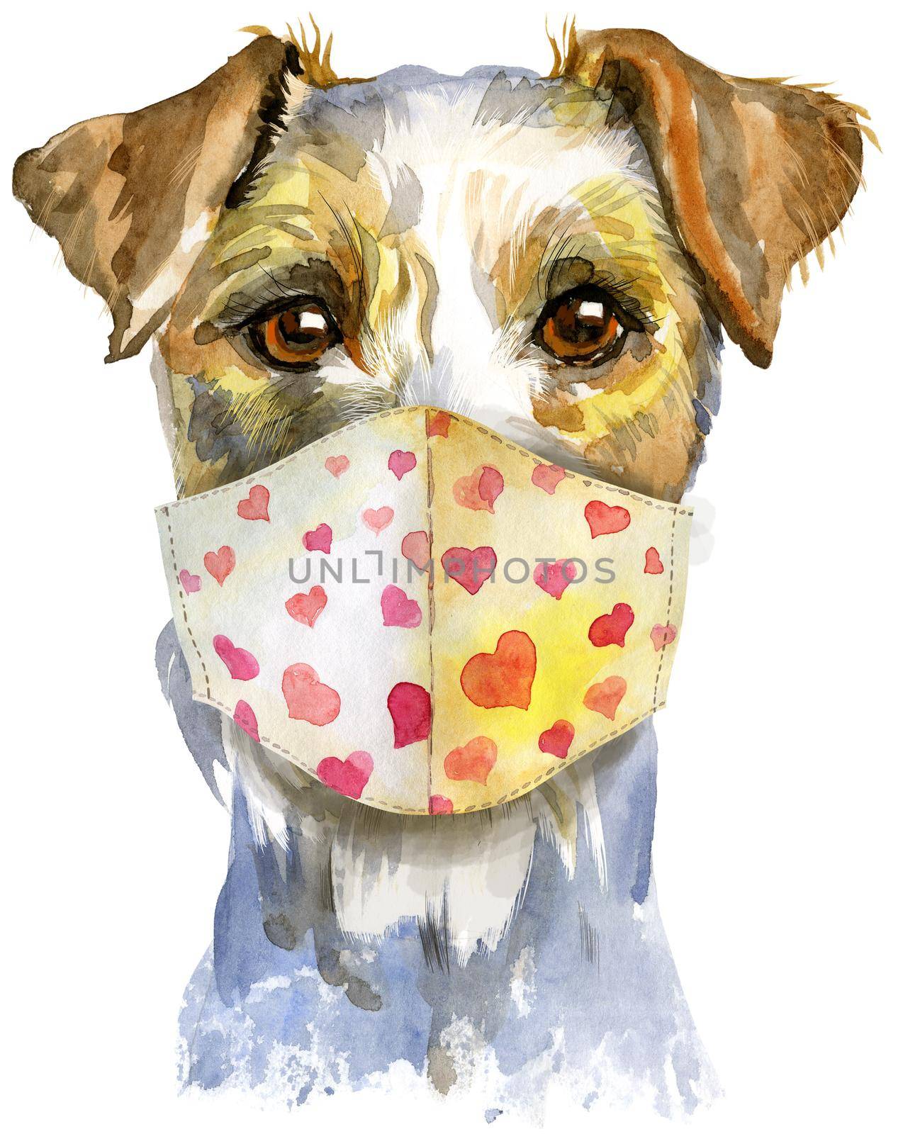 Cute Dog in medical face mask with red heart. Dog T-shirt graphics. watercolor airedale terrier illustration