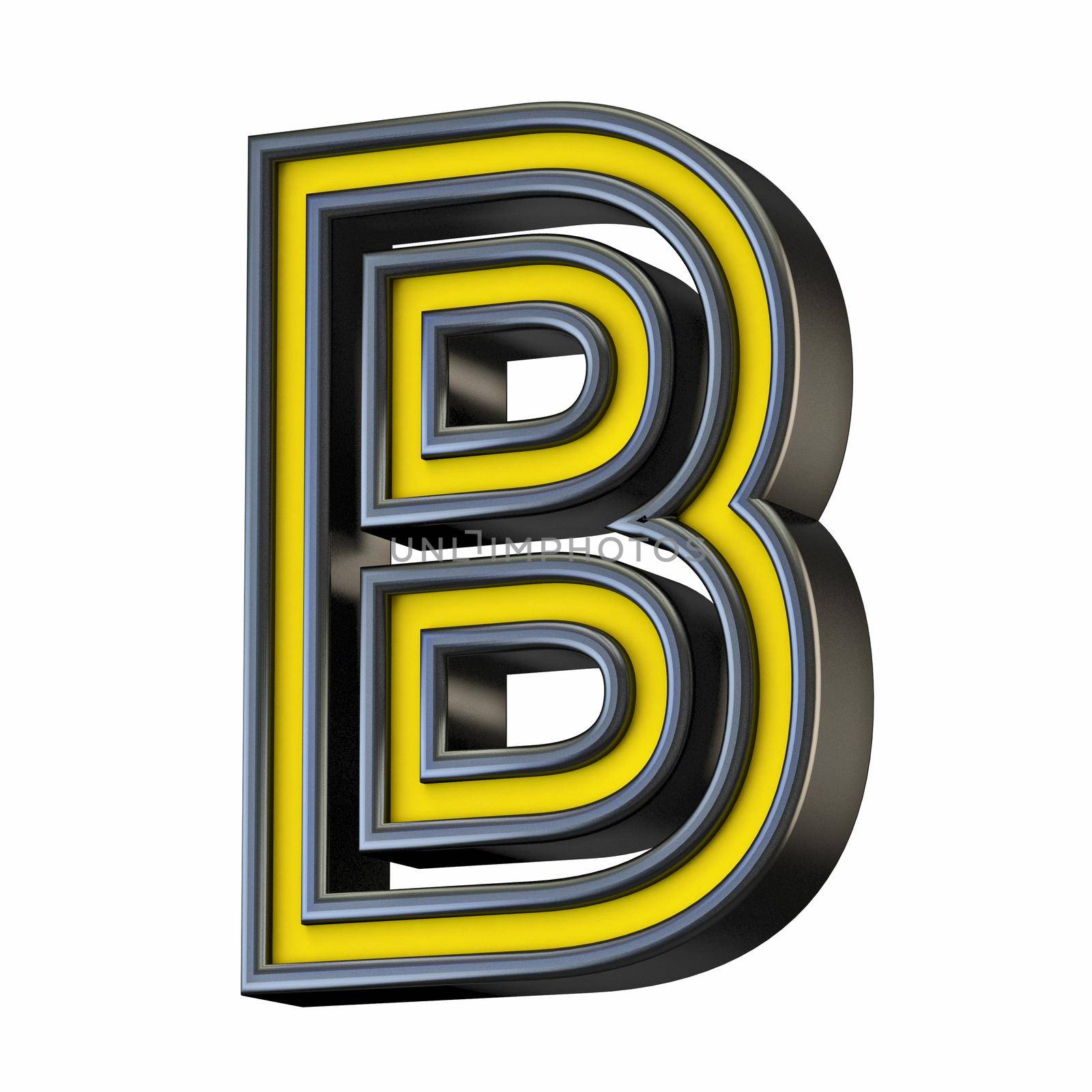 Yellow black outlined font Letter B 3D rendering illustration isolated on white background