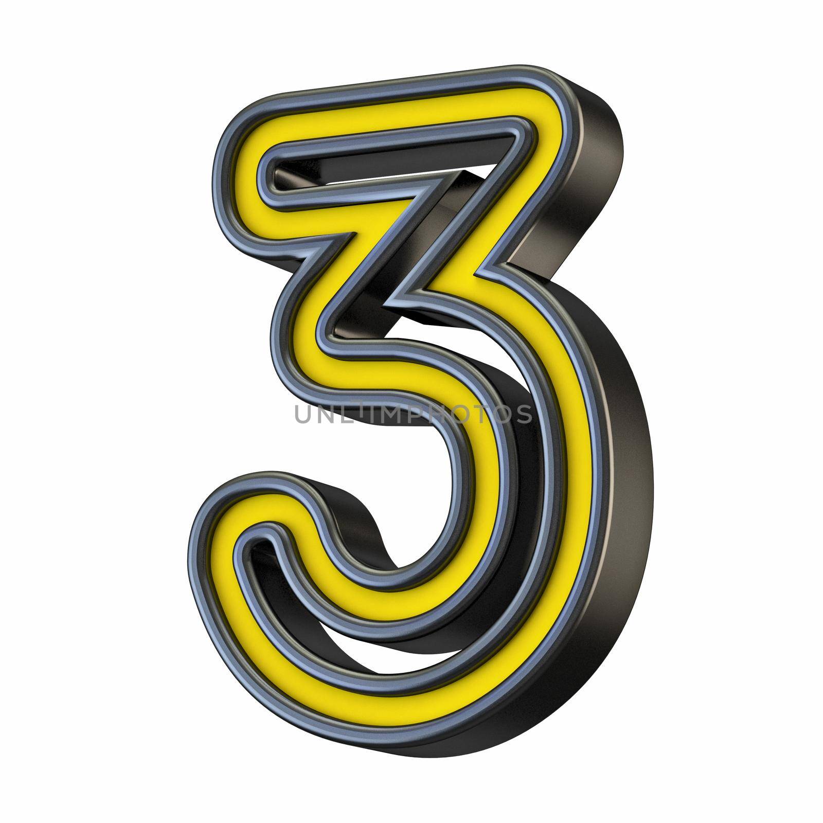 Yellow black outlined font Number 3 THREE 3D rendering illustration isolated on white background