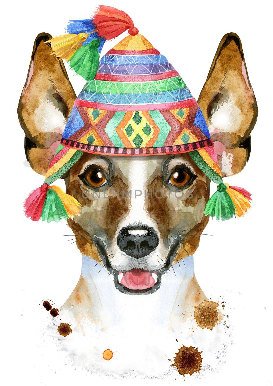 Cute Dog in chullo hat.. Dog T-shirt graphics. watercolor jack russell terrier illustration