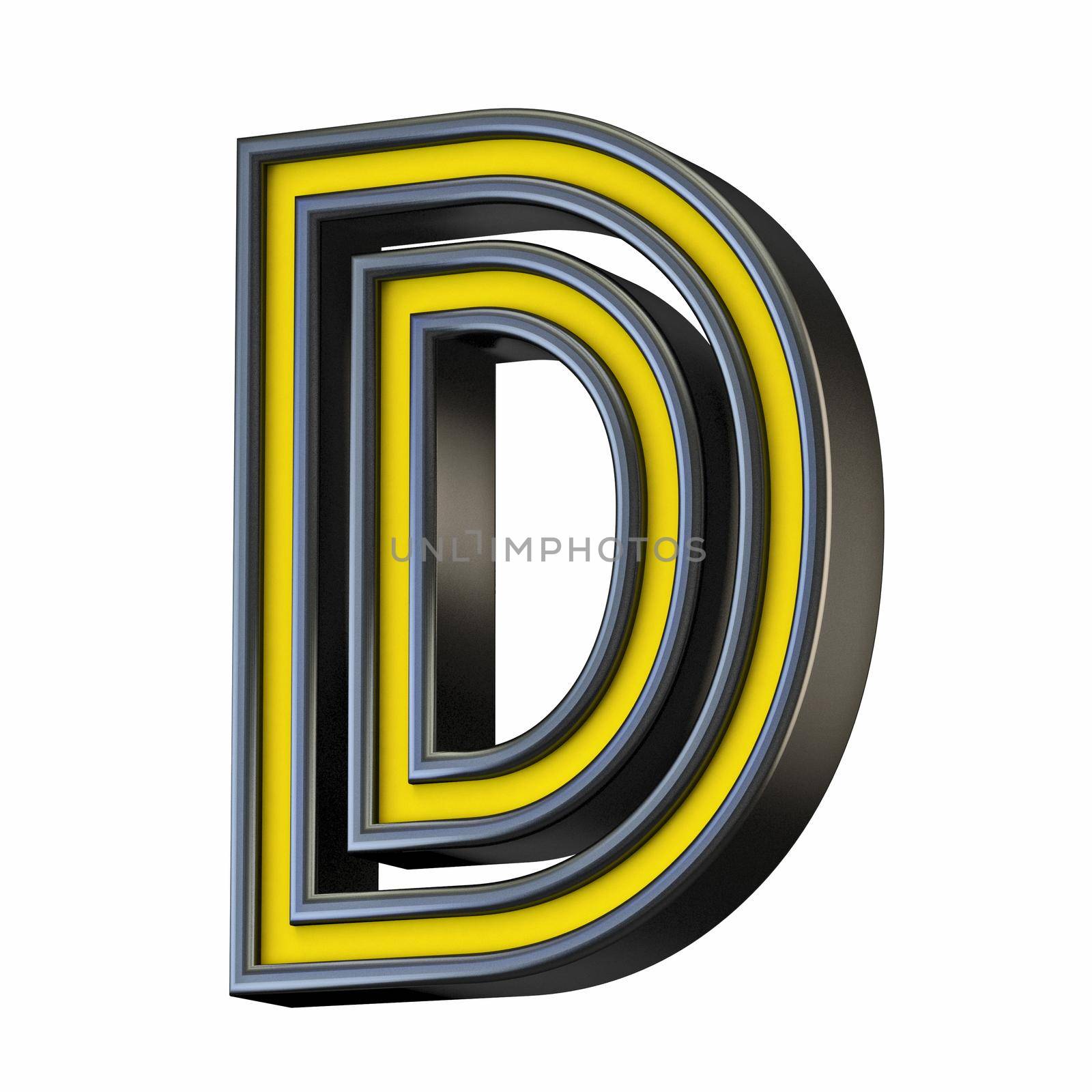Yellow black outlined font Letter D 3D rendering illustration isolated on white background