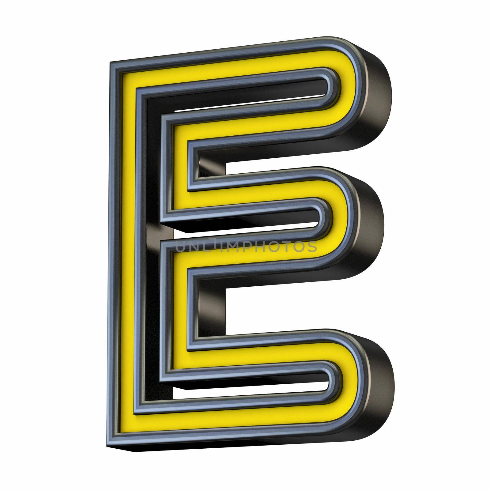 Yellow black outlined font Letter E 3D rendering illustration isolated on white background