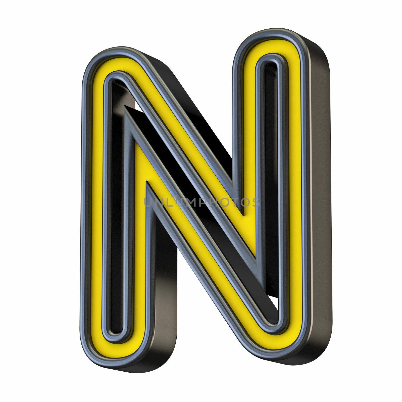 Yellow black outlined font Letter N 3D rendering illustration isolated on white background