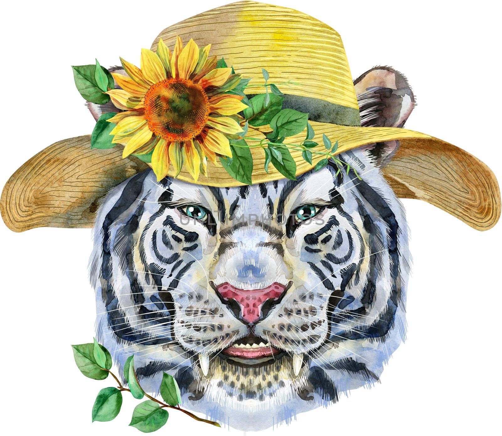 Watercolor illustration of white smiling tiger in summer hat with sunflower