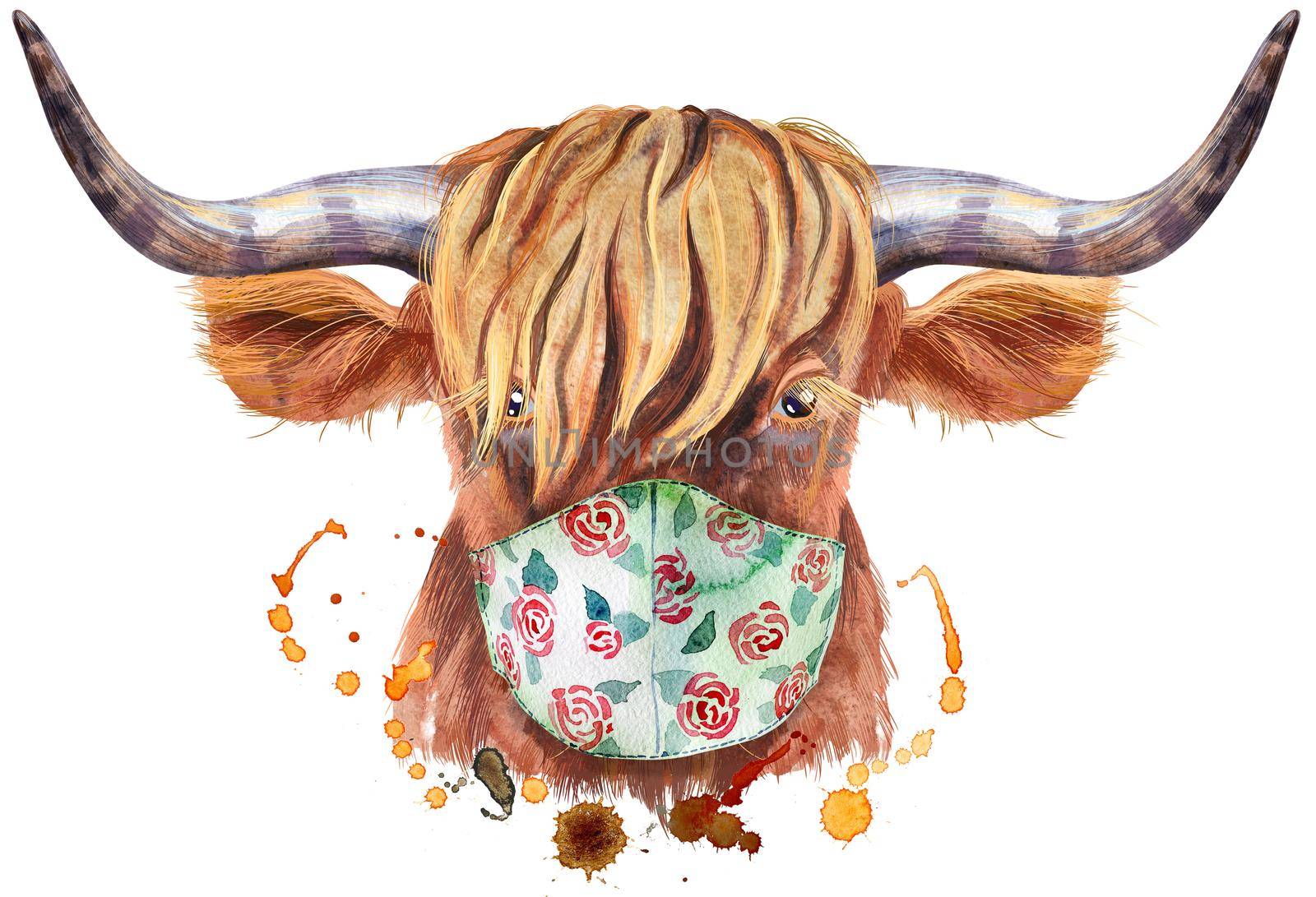 Bull watercolor graphics in protective mask. Bull animal illustration with splash watercolor textured background.