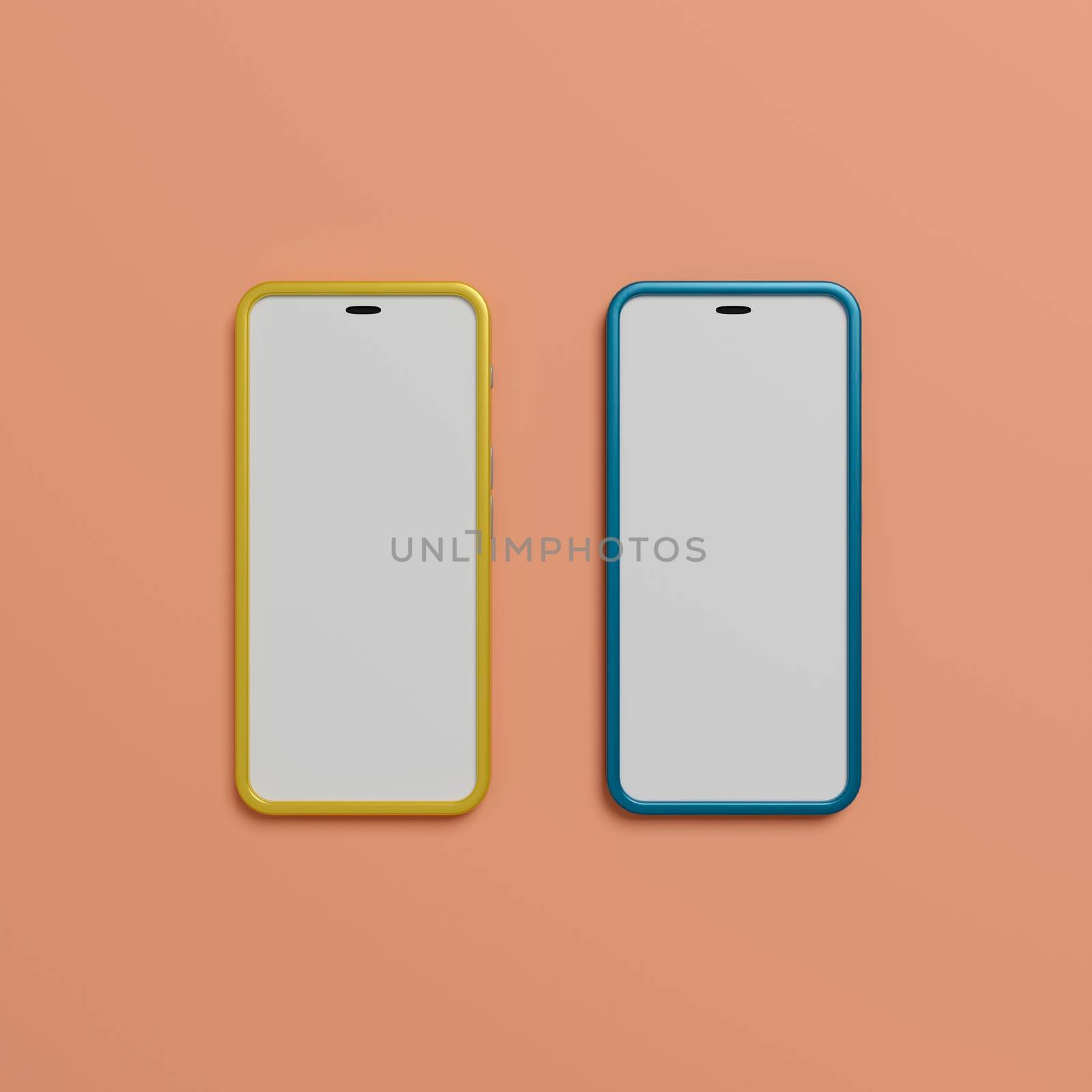 Two smart phone with blank screen on pink background. 3d rendering
