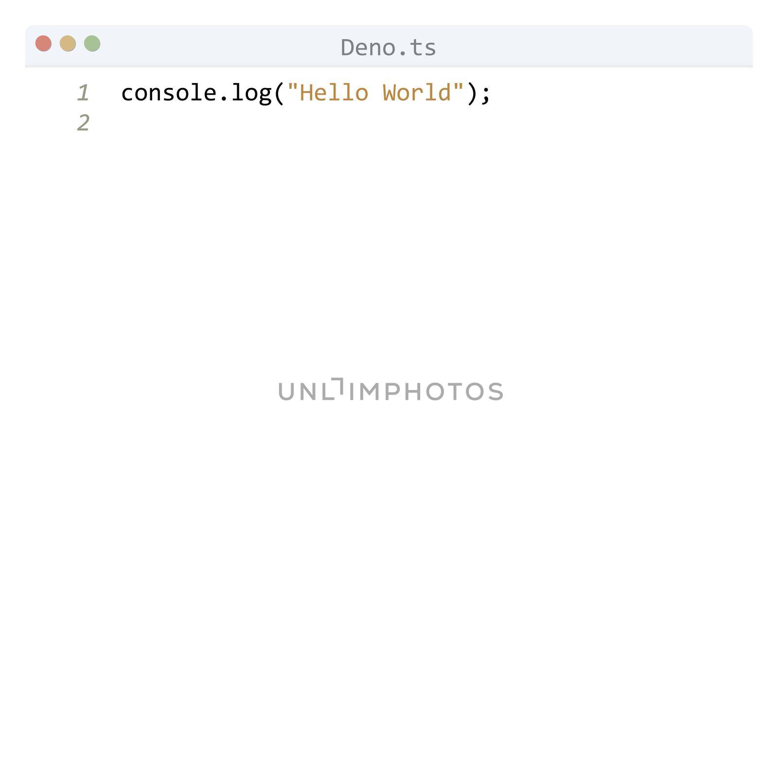 Deno language Hello World program sample in editor window illustration