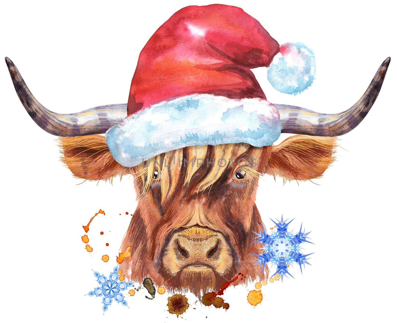 Bull watercolor graphics in Santa hat. Bull animal illustration with splash watercolor textured background.