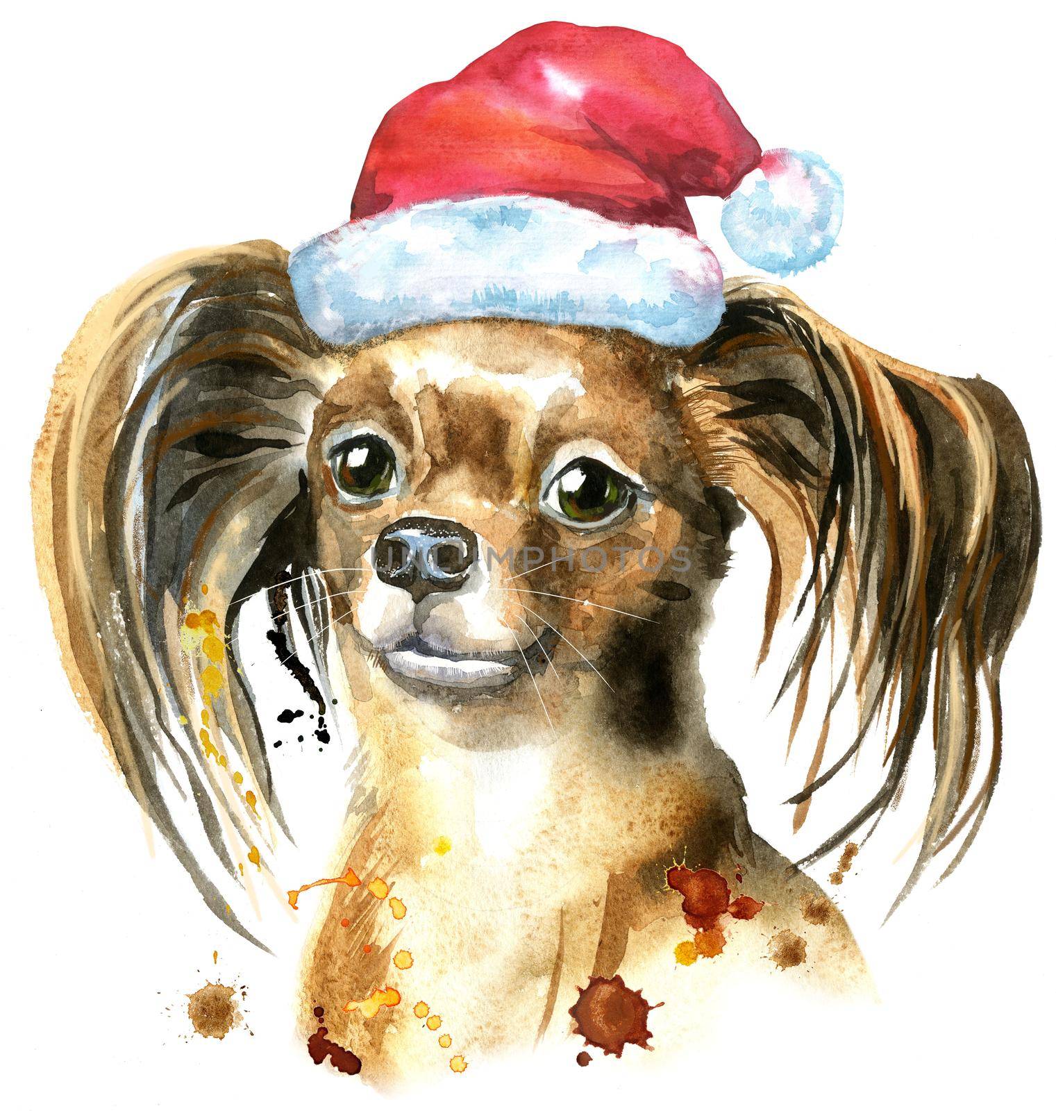 Watercolor portrait of long-haired toy terrier with Santa hat by NataOmsk