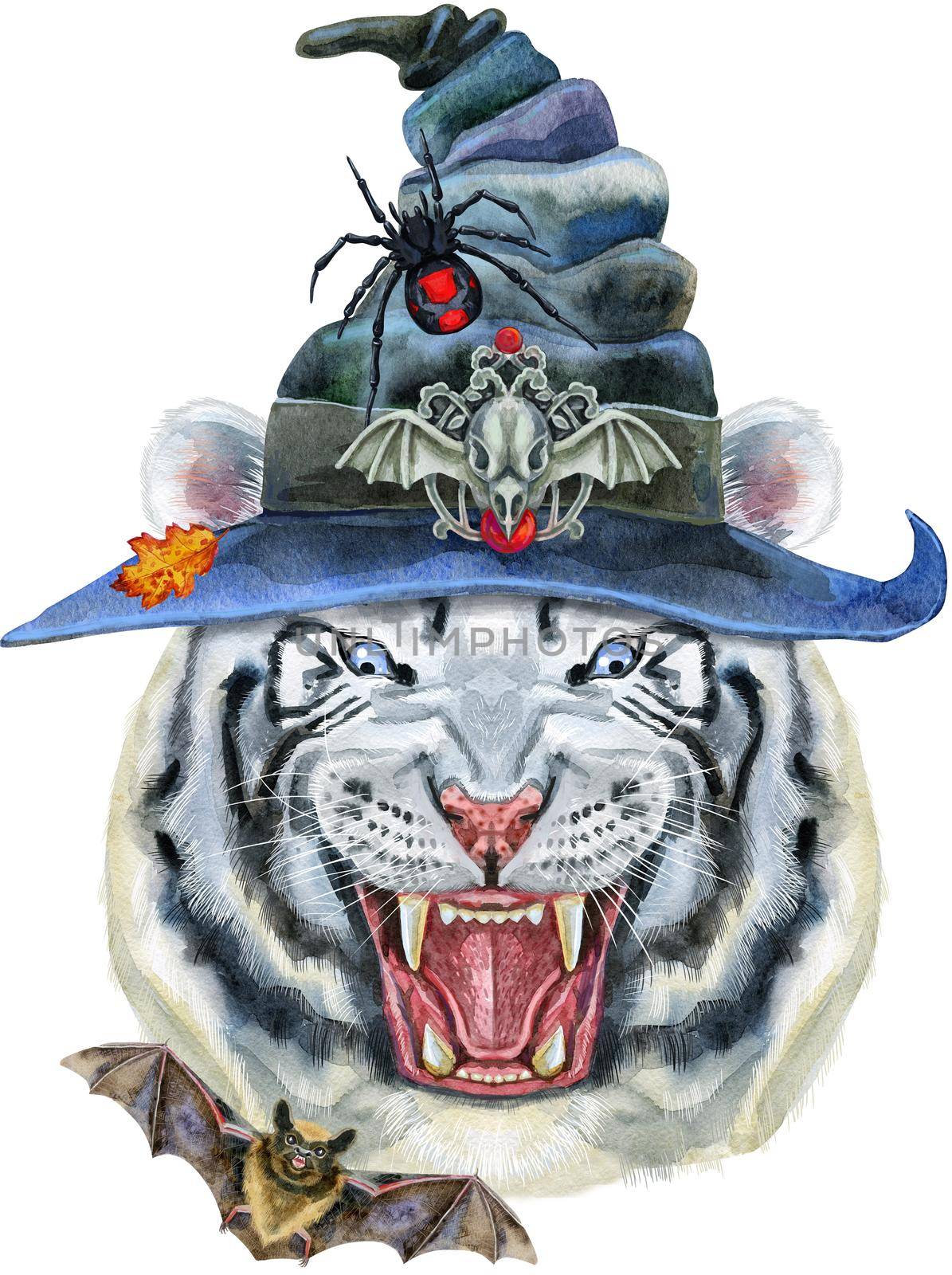 Hand drawn Tiger in witch hat. Watercolor drawing white tiger head, blue eyes by NataOmsk