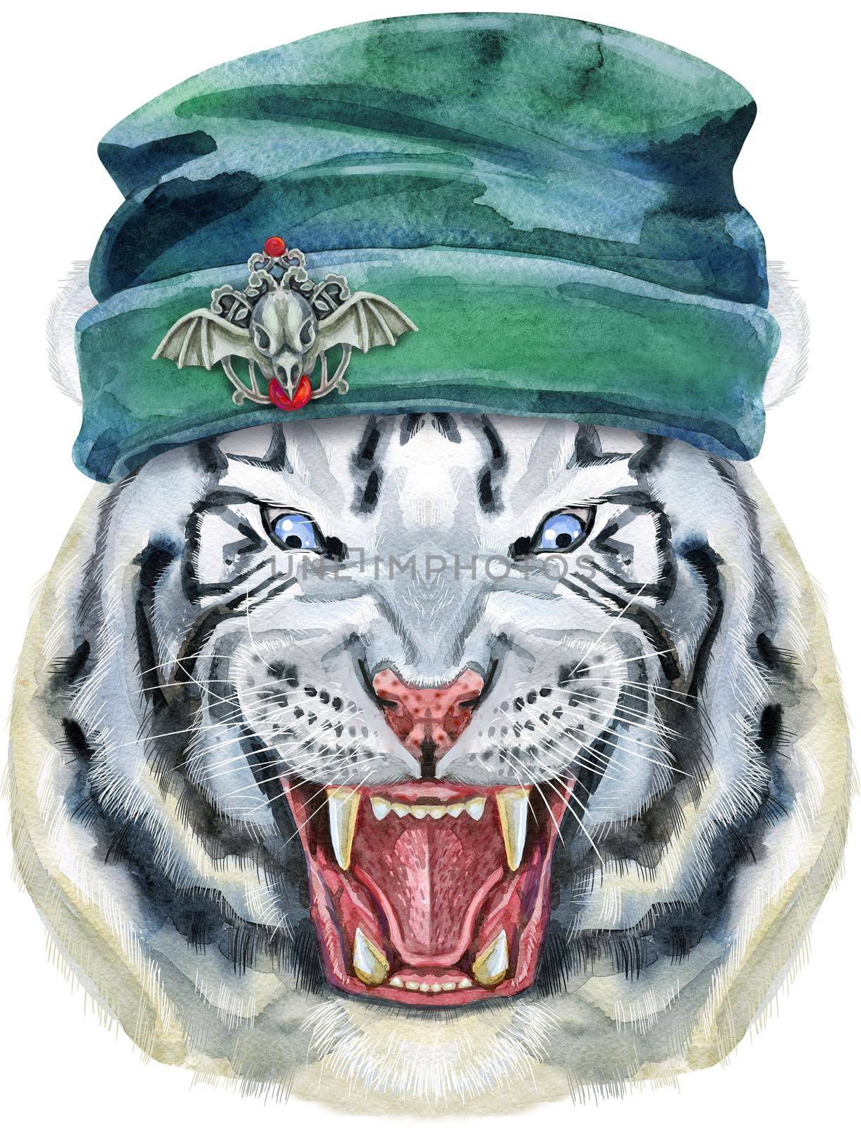 Hand drawn Tiger in beanie hat. Watercolor drawing white tiger head, blue eyes by NataOmsk