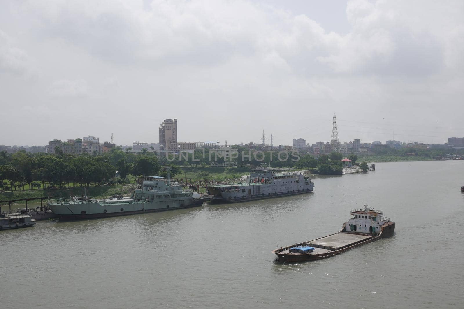 morning view of Buriganga river and boats in Bangladesh