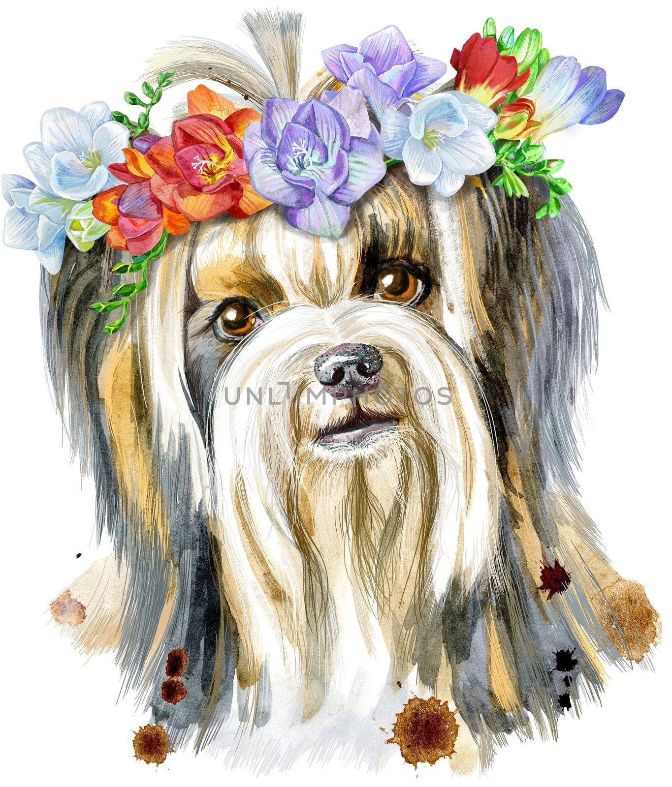 Dog, yorkie with wreath of freesia on white background. Hand drawn sweet pet illustration.