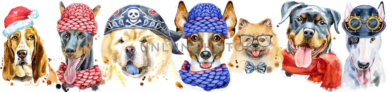 Cute border from watercolor portraits of dogs. For t-shirt graphics. Watercolor dogs illustration