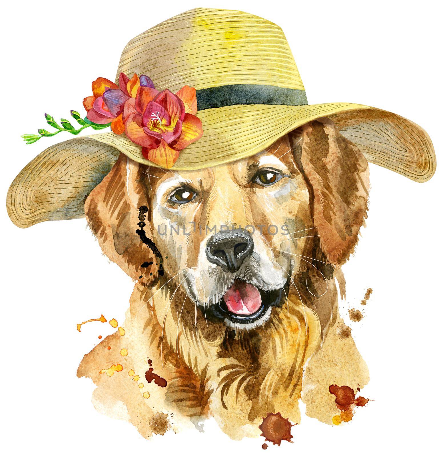 Cute Dog. Dog T-shirt graphics. watercolor golden retriever with a wide-brimmed summer hat illustration