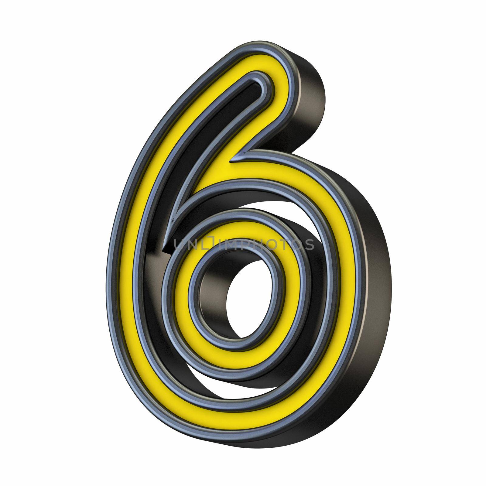 Yellow black outlined font Number 6 SIX 3D rendering illustration isolated on white background