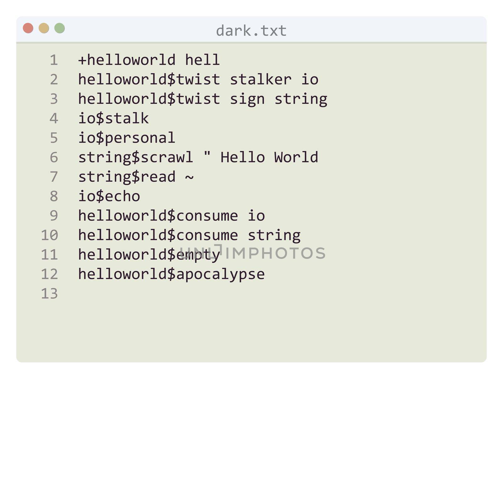 dark language Hello World program sample in editor window illustration
