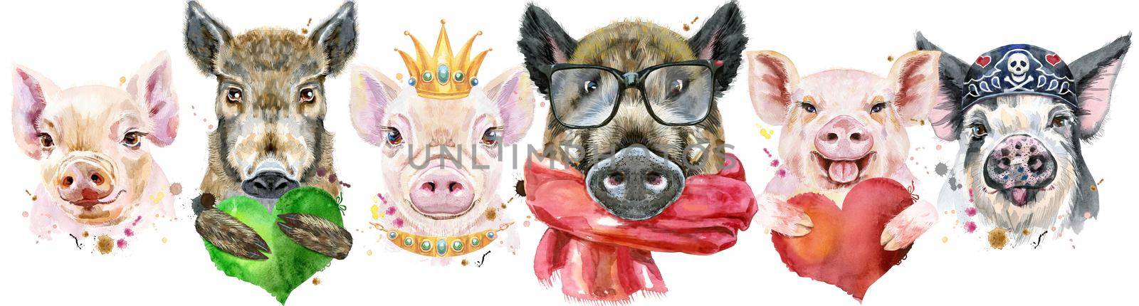 Cute border from watercolor portraits of pigs.