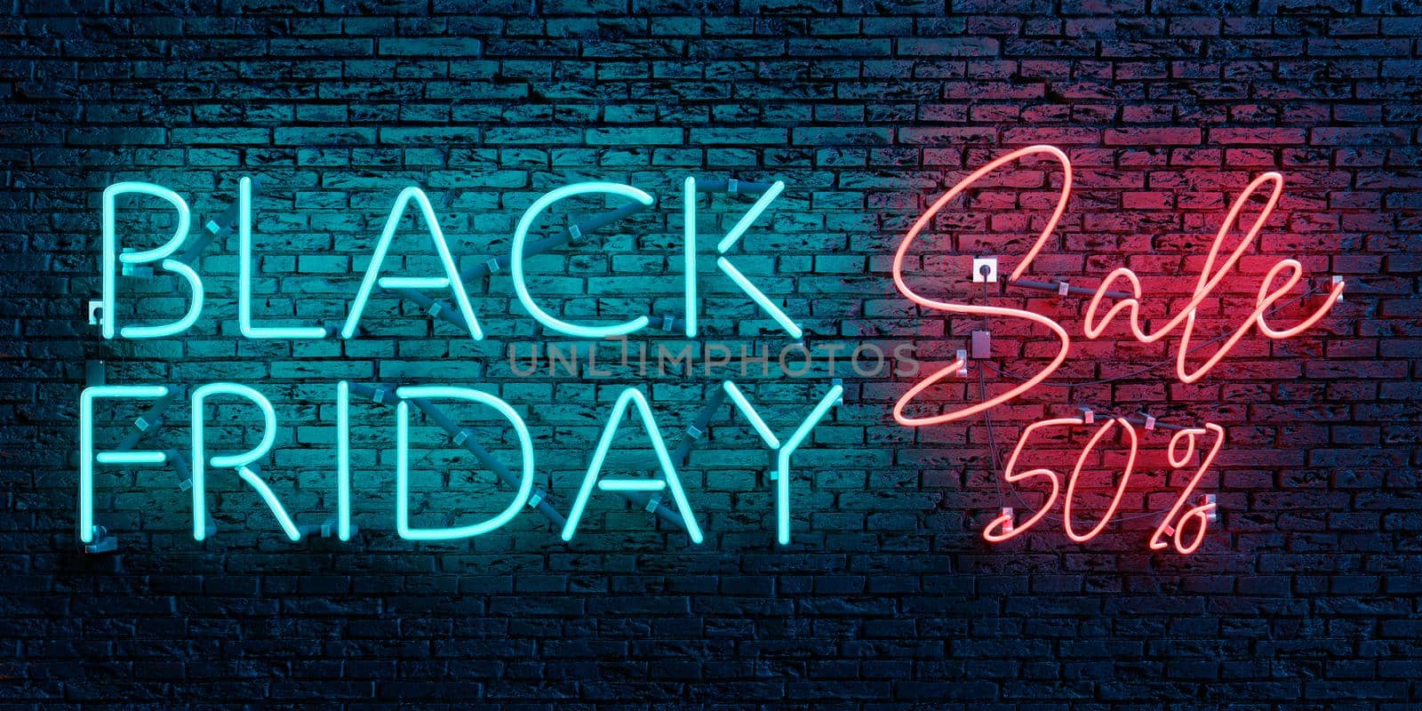 BLACK FRIDAY SALE 50 percent neon sign on brick wall. 3d rendering