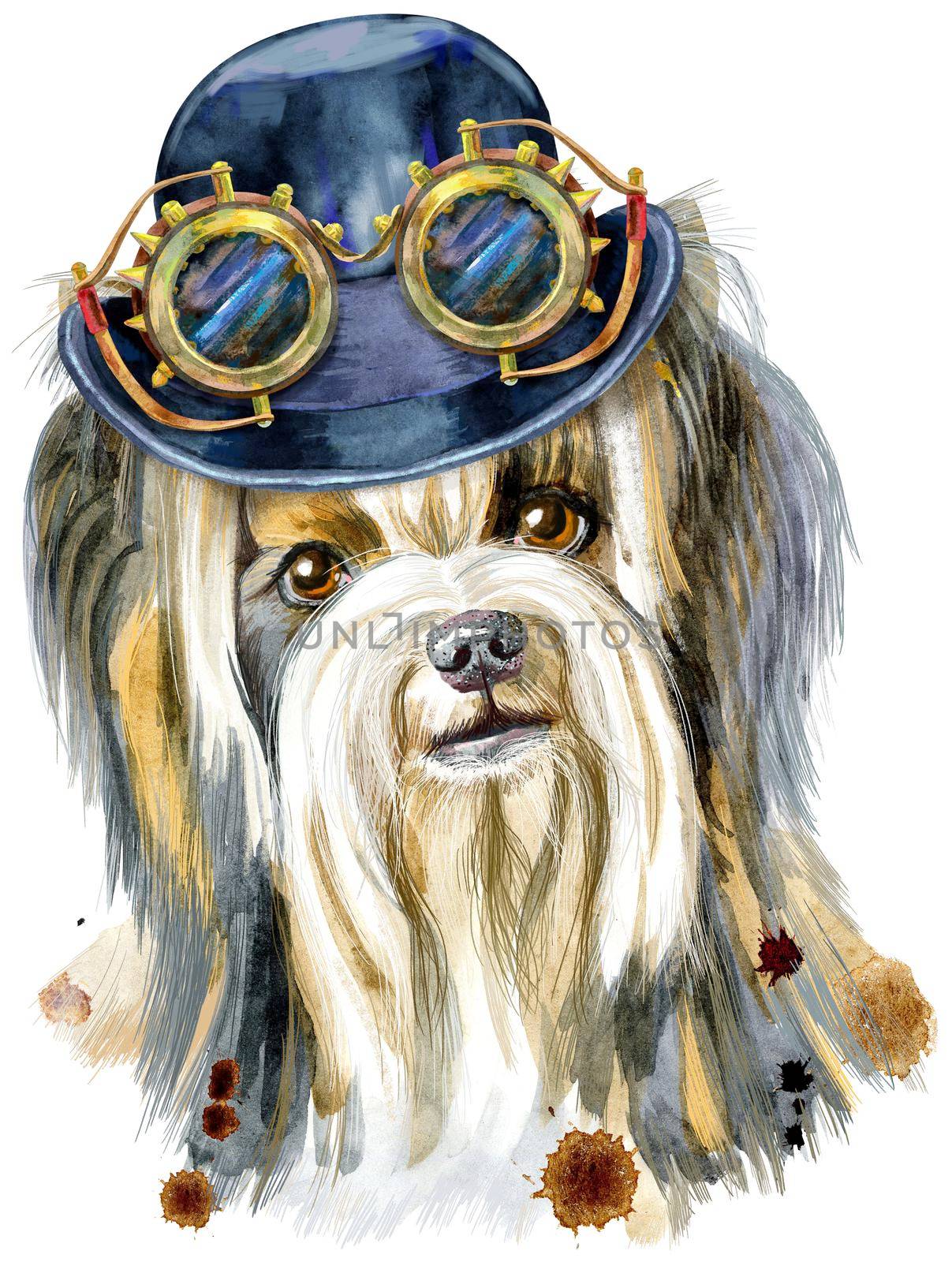Dog, yorkie with hat bowler and steampunk glasses on white background. Hand drawn sweet pet illustration.