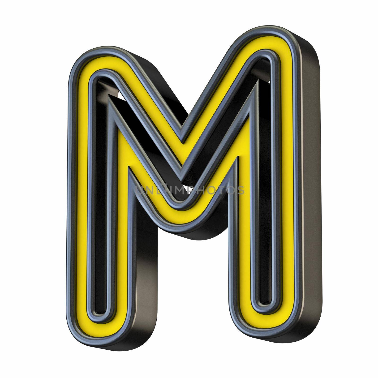 Yellow black outlined font Letter M 3D rendering illustration isolated on white background