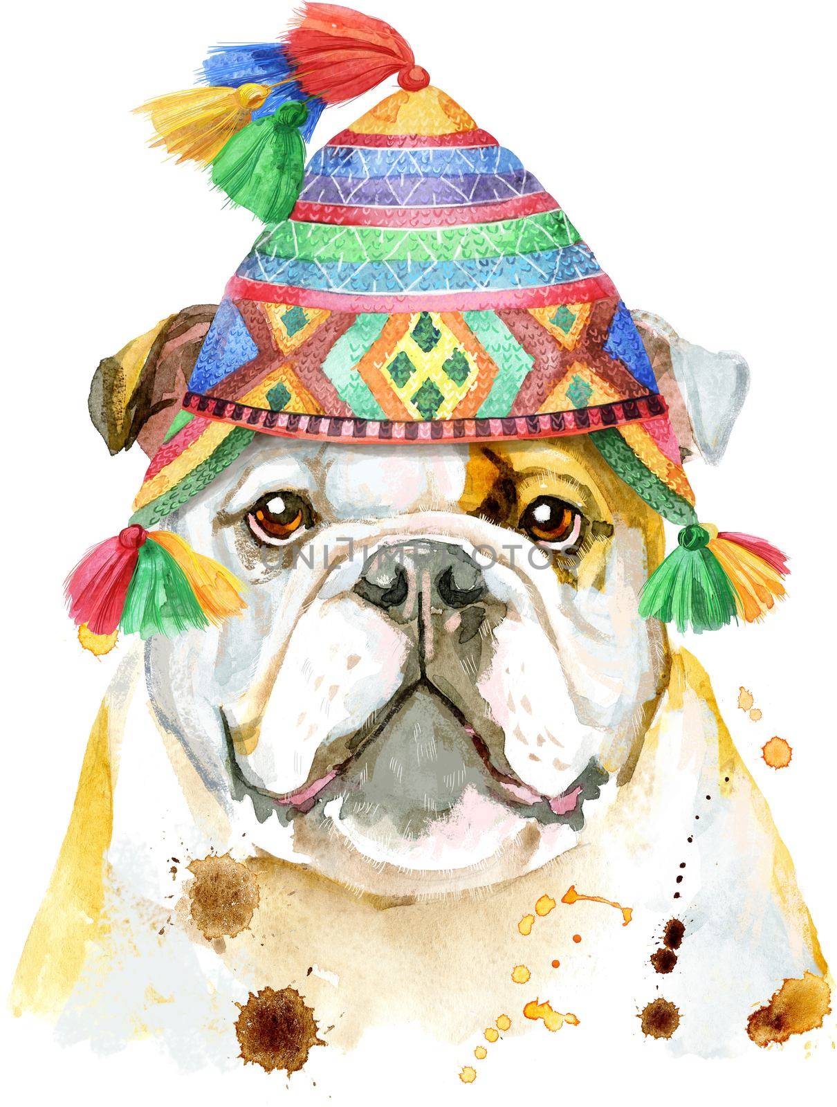 Cute Dog in chullo hat. Dog T-shirt graphics. watercolor Dog illustration