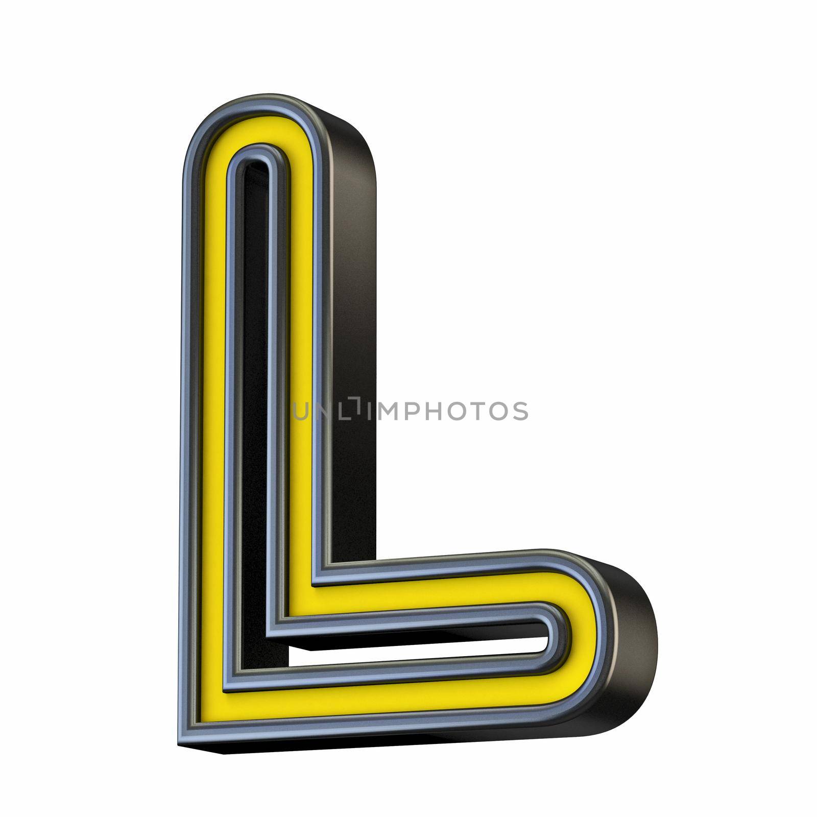 Yellow black outlined font Letter L 3D rendering illustration isolated on white background