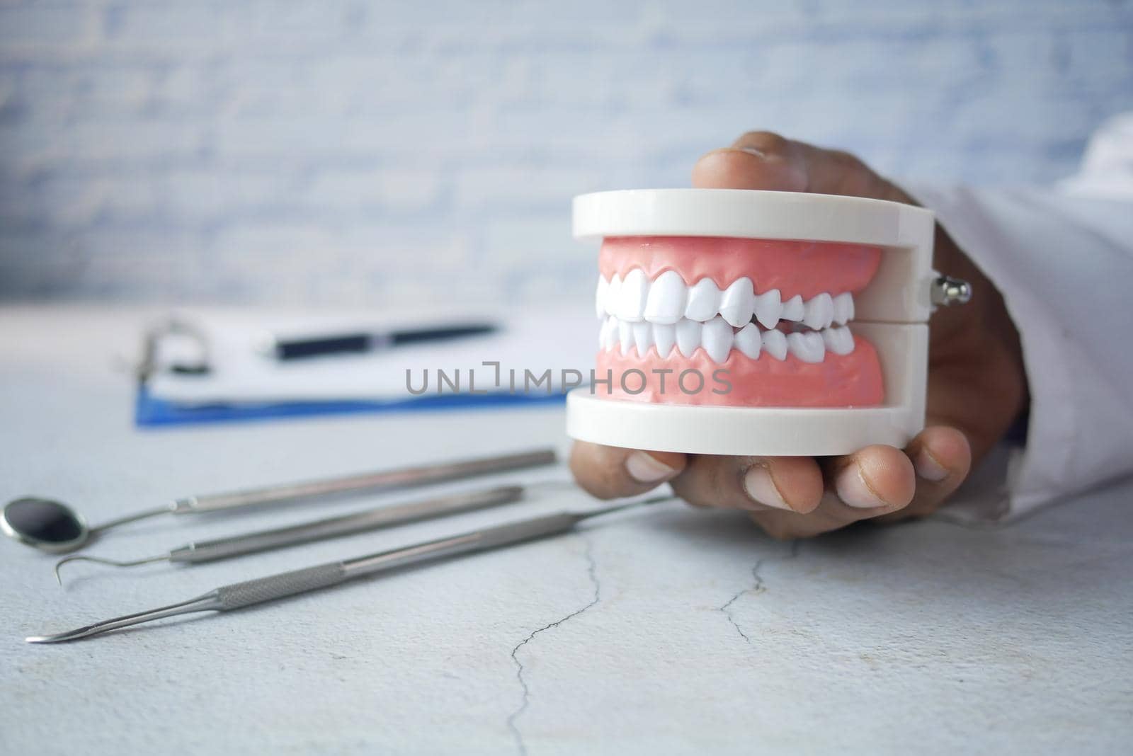 doctor hand holding plastic dental teeth model on table .