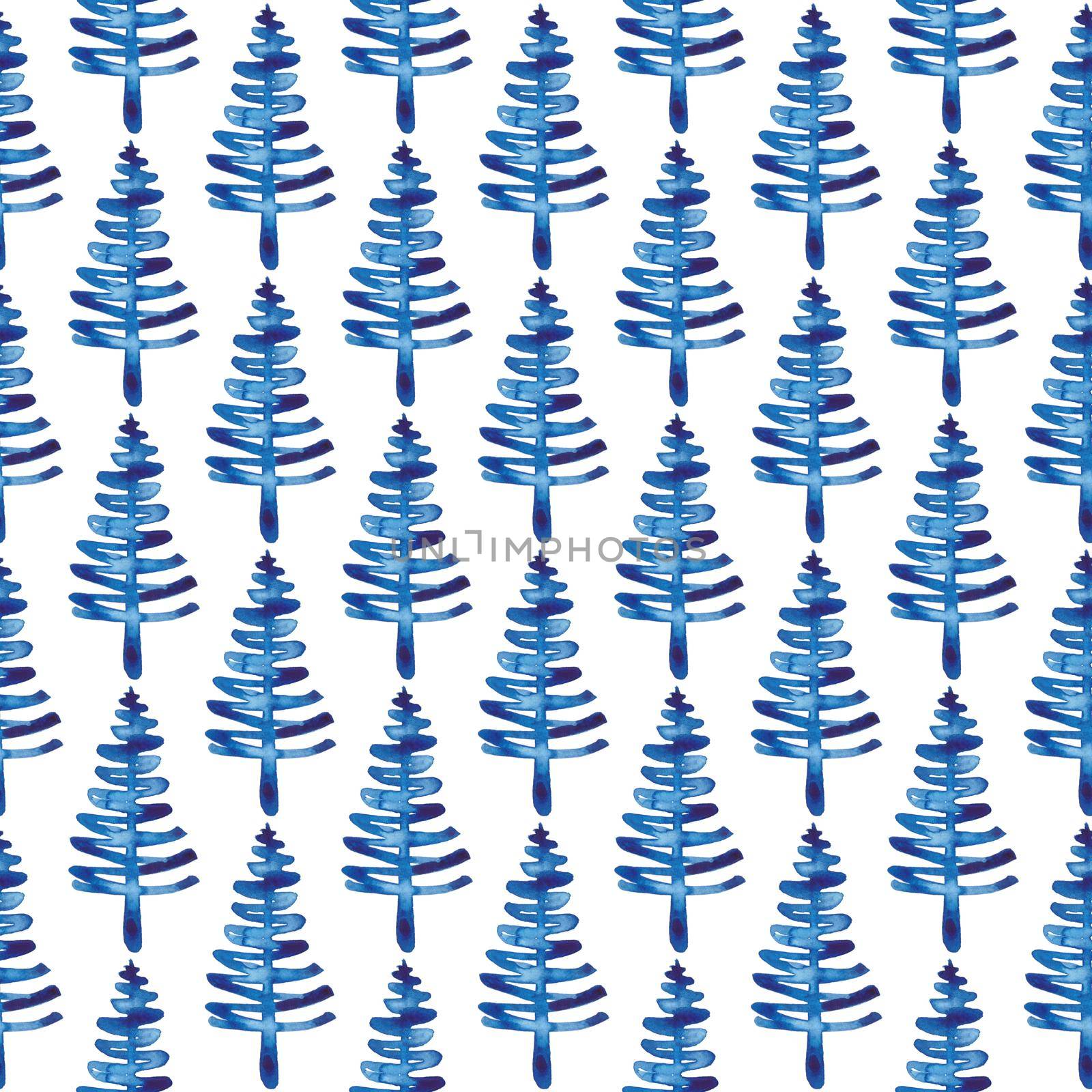 XMAS watercolor Fir Tree Seamless Pattern in Blue Color. Hand Painted Spruce Pine tree background or wallpaper for Ornament, Wrapping or Christmas Decoration by DesignAB