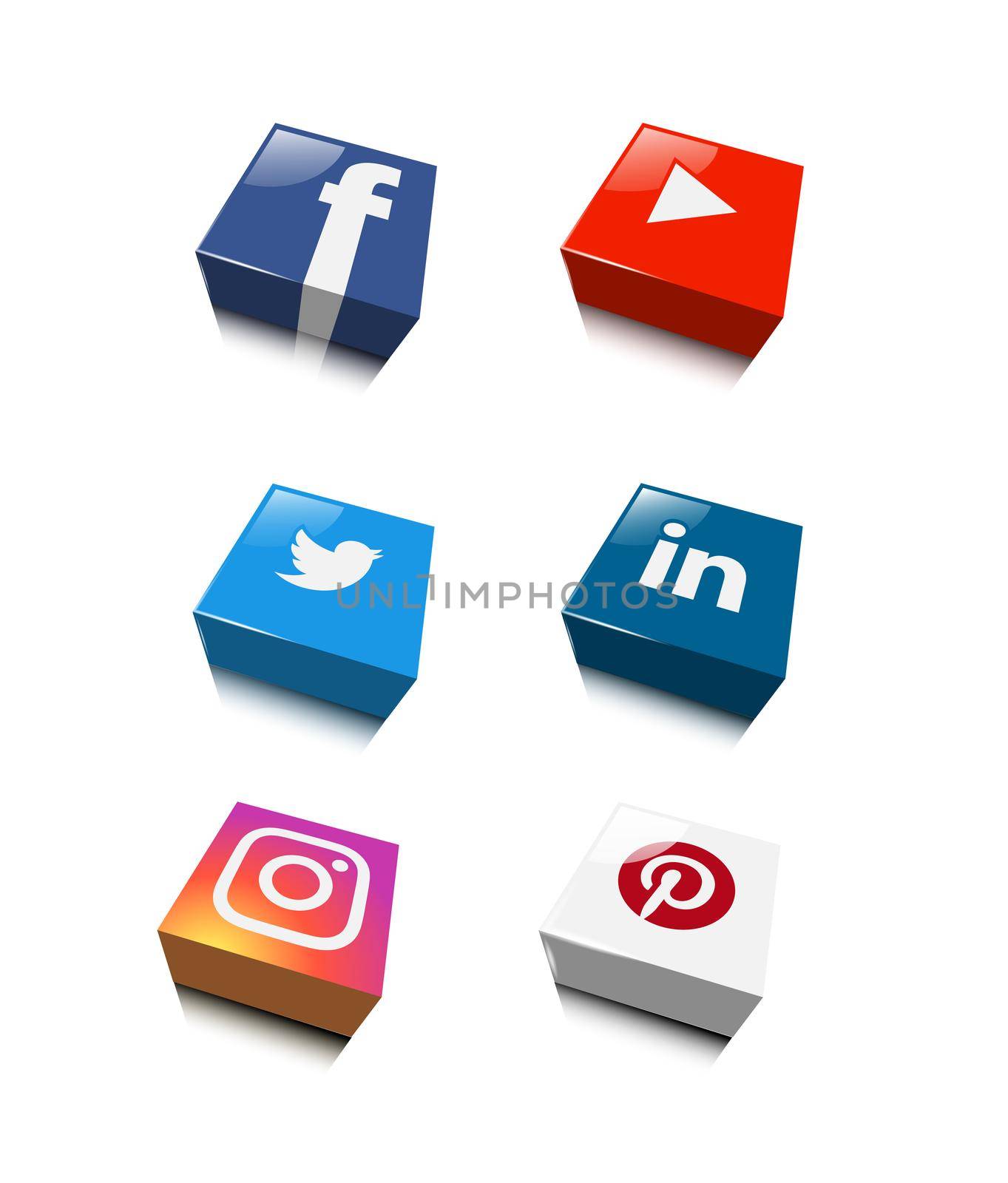 3d social network logos in vector illustration, facebook, youtube, twitter, linked'in, instagram and pinterest