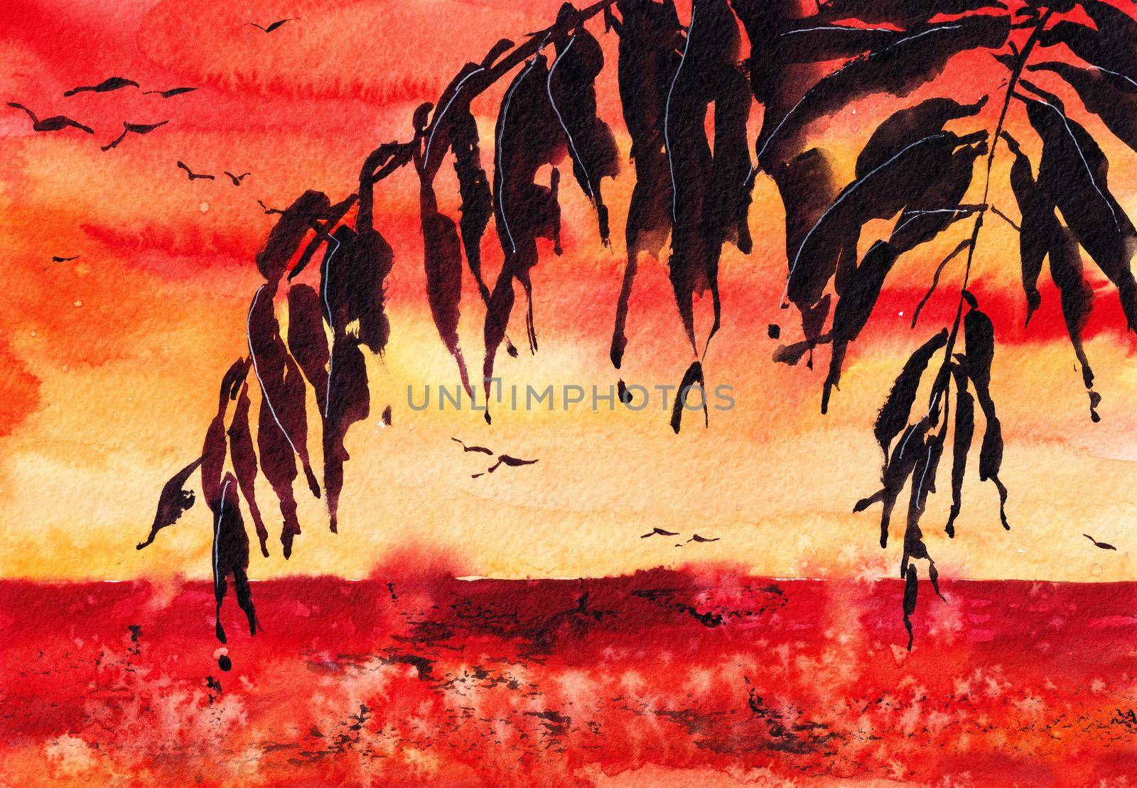 Palm Trees Watercolor Illustration Original Art Palm Leaves Artistic Painting at the paper. Sunset Beach in Red and Yellow Colors. Can be used for Wallpaper Print and Background.