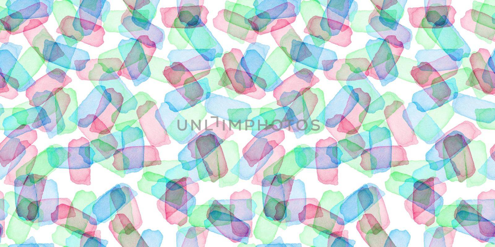 Hand Painted Brush Stroke Seamless Watercolor Pattern. Abstract watercolour shapes in Blue Purple and Green Color. Artistic Design for Fabric and Background by DesignAB